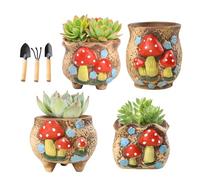 Plant Pots, 4 Pack Colorful Mushroom-Shaped Flower Pots Ceramic Succulent Pots with 3 Scoops Hand-Drawn Cute Plant Pot for A Variety of Small Plants Including Succulents Cactus Artificial Greenery