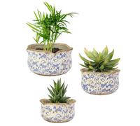 Plant Pots Set of 3 Vintage Style Ceramic Jardinière Flower Pots with Crackled Glaze Finish and Fine China Style Botanical Print Indoor Flower Planter Living Room Bedroom Kitchen Décor (Blue)