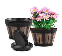 Plant Pots Set of 4 Pack 8 inch.Whiskey Barrel Planters with Drainage Holes & Saucer.Plastic Decoration Flower Pots Imitation Wine Barrel Design,Canbe for Indoor & Outdoor Garden Home Plants ( Brown)