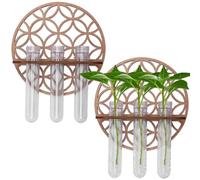 Plant Propagation Station, 2 Pcs Wall Mounted Hanging Glass Planter with Hollow Wooden Stand, Indoor Flower Test Tube Wall Vase for Hydroponic Plant Home Office Decoration