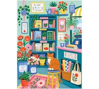 Plant Shop Bookshelf 500 Piece Jigsaw Puzzle for Adults, Colorful Garden Bookstore Scene with Houseplants, Flowers, Books, Posters, Watering Can, Tote Bag, and Cozy Orange Cat in Bright Folk Art