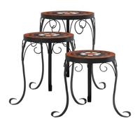 Plant Stand 3 Pieces Terracotta Red and White Ceramic with Powder Coated Iron Frame Mosaic Design 3 Sizes for Balcony, Patio, Garden, Indoor and Outdoor Use