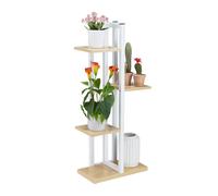 Relaxdays White Metal Flower Stand, 4-Tier Indoor Pot Shelf, Wooden Look, 93 x 42.5 x 22.5 cm, Plant Rack, Light Brown, Steel