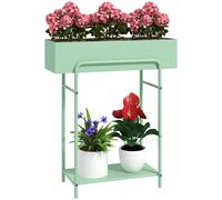 Plant Stand Green Metal 60x26x70cm Two-Tier Fenced Top with Drain Holes Outdoors