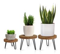 Plant Stand Indoor Outdoor, Wooden plant Stool, Mid Century Plant Stand for Indoor Plants, Wood Modern Plant Holder Rattan Flower, Low Short Boho Rustic Planter Stand Fit 5-15 Inch Pot(S,M,L) 3Pack
