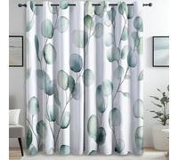Plant Theme White Insulating Blackout Curtain, Watercolor Eucalyptus Leaves Print Window Treatment for Bedroom Living Room Kids Office, W 66" x L 72" (2 Panels)