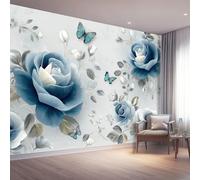 Plant Wall Mural Wallpaper Blue Rose Butterfly Photo Wallpaper 3D Effect, 200 x 140 cm Non-Woven Wall Mural Home Bedroom Living Room Tv Background Poster Decoration