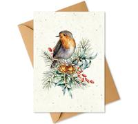 Plantable Christmas Card with Traditional Robin and Bells Design - Eco Friendly Biodegradable Seed Paper Greeting Card, Zero Waste Christmas Card for Friends & Family (1 Card and Envelope)