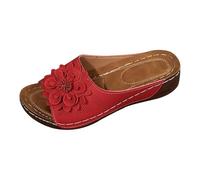 Plantar Fasciitis Sandals Sandals Wide Fit Women Thick Bottom Slope And Fashion Outside Wearing Open Toed Square Head Cold Drags Women's Shoes Korean Leather Strap Women Summer (Red, 6)