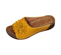 Plantar Fasciitis Sandals Sandals Wide Fit Women Thick Bottom Slope And Fashion Outside Wearing Open Toed Square Head Cold Drags Women's Shoes Korean Leather Strap Women Summer (Yellow, 4)