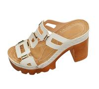 Plantar Fasciitis Slippers Women's Retro Openwork High Heeled Sandals Stylish Metal Platform Chunky Heel Flip Flops European And Casual Vacation Sandals (White, 6.5)