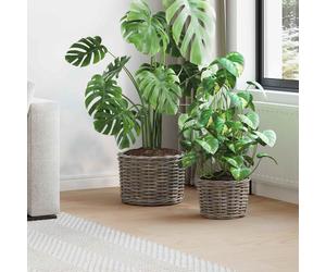 Planter Basket Grey 35x35x24cm Kubu Rattan Round Woven Indoor Outdoor with Liner