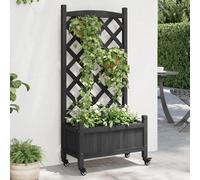 Planter with Trellis & Wheels Mobile Black 55x29.5x117.5cm Solid Fir Wood & Iron