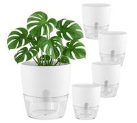 Planterhoma 5 Pack Self Watering Pots for Indoor Plants, 9 Inch Plant Pot Plastic Self Watering Planter for Orchid, Monstera, Lily, Large Clear Flower Pots with Drainage Holes and Wicking Rope, White