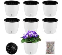 6 Pack-6.7 Inch White Self Watering Plant Pots for Indoor Plants with Water Indicator and Black Wick Pots, Large African Violet Pots, Self-Watering Planters for Devil's Ivy, Orchid Pots for Home