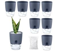 Planterhoma Self Watering Pots for Indoor & Outdoor Plants, 8 Pack 3.2 Inch Small Self Watering Planter, Plant Pots with Decorative Stones, Grey