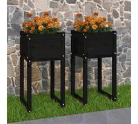 Planters 2pc Black Solid Pine Wood 40x40x52.5cm Raised Flower Box Set Patio