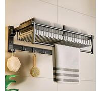 Plantex Aluminum Folding Towel Holder Rack for Bathroom, Rod with Hooks and Accessories, Black, 24 inches