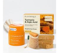 PLANTIFIQUE Kojic Acid Soap with Turmeric - Gentle Exfoliating - 4 Pack with Mesh Bag & Korean Melting Cleansing Balm - Removes Waterproof Makeup & Sunscreen, 40g