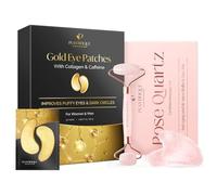 Plantifique Rose Quartz Roller and Gua Sha Set - Face Massager & Skincare Tool for Anti-Aging & 20 Pairs Gold Under Eye Patches for Dark Circles and for Puffy Eyes and Bags