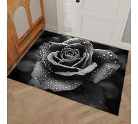 Plants and flowers Door Mats Indoor, Machine Washable Soft Dirt Trapper Non-slip Doormats, Water Drop Rose Floor Mats For Inside, Front Back Door (60x90cm, black)