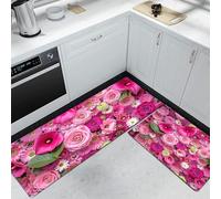 Plants And Flowers Kitchen Mat Sets Non slip Washable, Roses Calla Lilies Kitchen Rugs, Pink kitchen carpets for Hallway Laundry Home Decoration 44x75cm+44x150cm