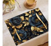 Plants And Flowers Placemats, Set of 4 Blue Gold Table Mats Heat Resistant Non-Slip Cotton and linen Placemats, Washable Durable Blue Rose Gold Leaf Table Mats for Kitchen Dinning Restaurant