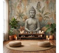 Plants Butterflies Buddha Art Mural Photo Wallpaper | Silk 300×210 CM Backdrop Wall Interior Decor,Buddha Statues Butterflies Tropical Plants Art Wallpaper,Murals Yoga Studios Living Room Hallway