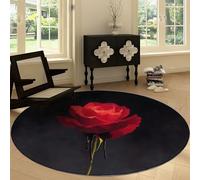 Plants Flowers Red Rose Washable Round Area Rug 160 cm, Black Printed Circular Rug Non-slip Carpet - Soft Short Pile Carpet Floor Decorate for Living Room Bedroom Playroom
