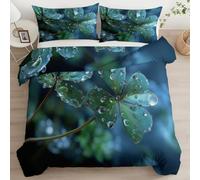 Plants Four-Leaf Clover Water Droplets Double Duvet Cover Set - Emerald Green Reversible Brushed Microfiber 3 PCS Bedding Set, Ultrasoft Hypoallergenic Quilt Cover with Zipper Closure