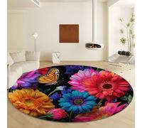 Plants Fresh Flowers Butterflies Round Area Rug 60 cm, Pink Washable Non Slip Circle Rug - Non Shedding Low-Pile Soft Carpet for Bedroom Living Room Office Kids Room Kitchen Entryway
