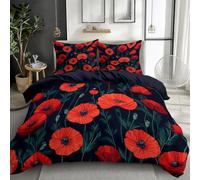 Plants Poppies Vitality 3D Printed Duvet Cover Set Double Reversible Bedding Set Soft Microfiber Quilt Cover with Zipper Closure and Corner Ties 3 Piece, Dark Blue