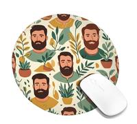 Plants Small Mouse Pad, Modern Minimalistic Faces Pots None Green Round Rubber Non Slip Stitched Edge Cloth Mousepad Decor for Home Office Work Gaming Desk Round 8x8 Inch