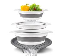 PLAOEGCN Collapsible Colander Set 4-Pack, Self-Draining Sink Strainer, 3 Sizes Nesting Silicone Colanders with Non-Slip Base for Kitchen(Gris)