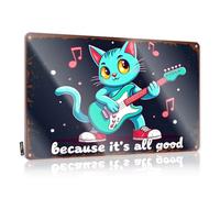 Plaque Door Vintage Wall Decor | A Cartoon Cat Playing An Electric Guitar With Musical Notes Around It Handcrafted Gift For Wife For Patio Home Decoration(30X40CM)