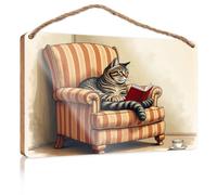 Plaque for Front Door A Cat Reading A Book On A Striped Armchair Teens Stuff Bar Signs for Home Decor(20X30CM)
