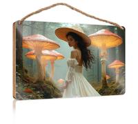 Plaque for Front Door A Woman in A White Dress Stands Amidst Glowing Mushrooms in A Mystical Forest Teens Stuff Bar Signs for Home Decor(23X35CM)