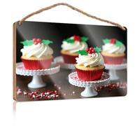 Plaque for Front Door Christmas Cupcakes with Holly Berries Teens Stuff Bar Signs for Home Decor(15X28CM)