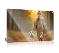 Plaque Tapestry Wall Decor | A Person Walks Hand-in-hand With A Lamb On A Forest Path. Rustic For Backyard Home(20X30CM)