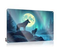 Plaques Patriotic Funky Home Decor - Wolves Howling At The Moon In Aurora Borealis Designer Rustic Style Artwork For Patio(20X30CM)
