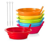 PLASKIDY Kids Cereal Bowls with Straws - Set of 6 Plastic Bowl with Straw for Kids BPA Free Dishwasher and Microwave Safe - 22 Oz Toddlers Bowls with Built-in Straws Includes 3 Cleaning Brushes