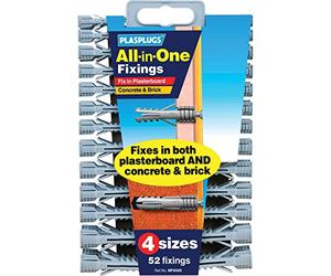 Plasplugs All in One Fixings for Plasterboard, Concrete & Brick Assorted Sizes 5mm - 10mm Pack of 52