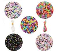 Plastic Alphabet Letter Beads A-Z Cube Beads 4 Colourways with Matching Heart/Flower/Moon/Star Square Bead DIY Necklace Bracelet 3m Rainbow Thread and 3m Elastic Included 900 Pieces