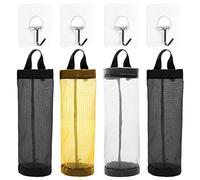 Plastic Bag Holder, AFUNTA 4 Pcs Household Foldable Breathable Hanging Mesh Garbage Bags Organizer with 4 Pcs Hook Hanger for Home and Kitchen - Black/Yellow/Grey