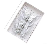 Plastic Butterfly Ornaments Set of 3 or 6 with Double Layer Glitter for Christmas Tree Decorating and Hair Accessory (Silver)