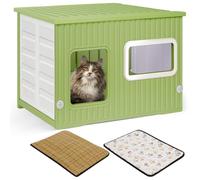 Plastic Cat House for Indoor and Outdoor Use Weatherproof Shelter Raised Design with Double Sided Mats Cat House for All Seasons (Green)