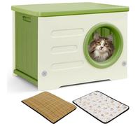 Plastic Cat House for Indoor and Outdoor Use Weatherproof Shelter Raised Design with Double Sided Mats Cat House for All Seasons (Green, 54 * 41 * 38CM)