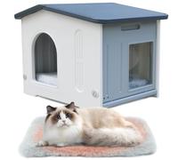 Plastic Cat House for Outdoor Indoor Use, Feral Cat House with Escape Door and Soft Mat, Cat Houses for Outdoor Cats Outside Cat Shelter for Small Pet, Assemble Easily - Grey