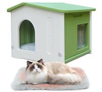 Plastic Cat House for Outdoor Use, Stackable Feral Cat Shelter Indoor Cat House Insulated Weatherproof Waterproof -Green