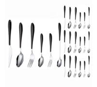 Plastic Clamp Handle Kitchen Stainless Steel Silverware Tableware Flatware Cutlery Set Steak Knife Fork Spoon Teaspoon (Black,24 pieces)